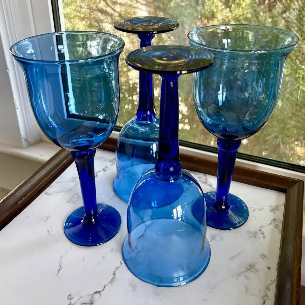 Vintage Cobalt Blue Mexican Glass Goblets Set of 4u